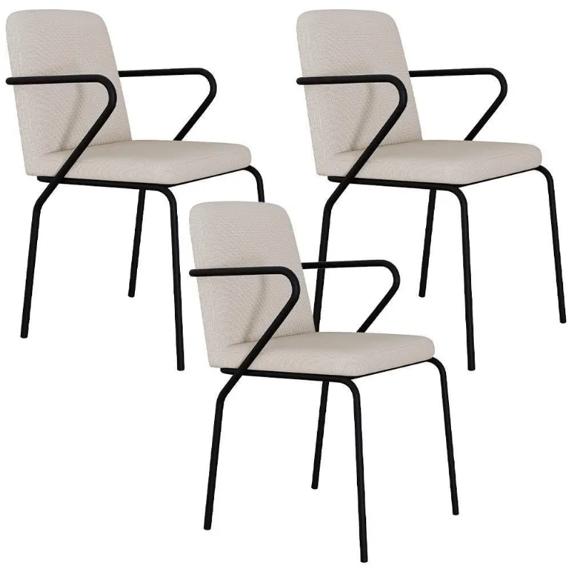 Kit 03 Cadeiras Estofada Para Sala De Jantar Com Braço Loft Preto C01 Linho Areia - Lyam Decor - Lyam Decor