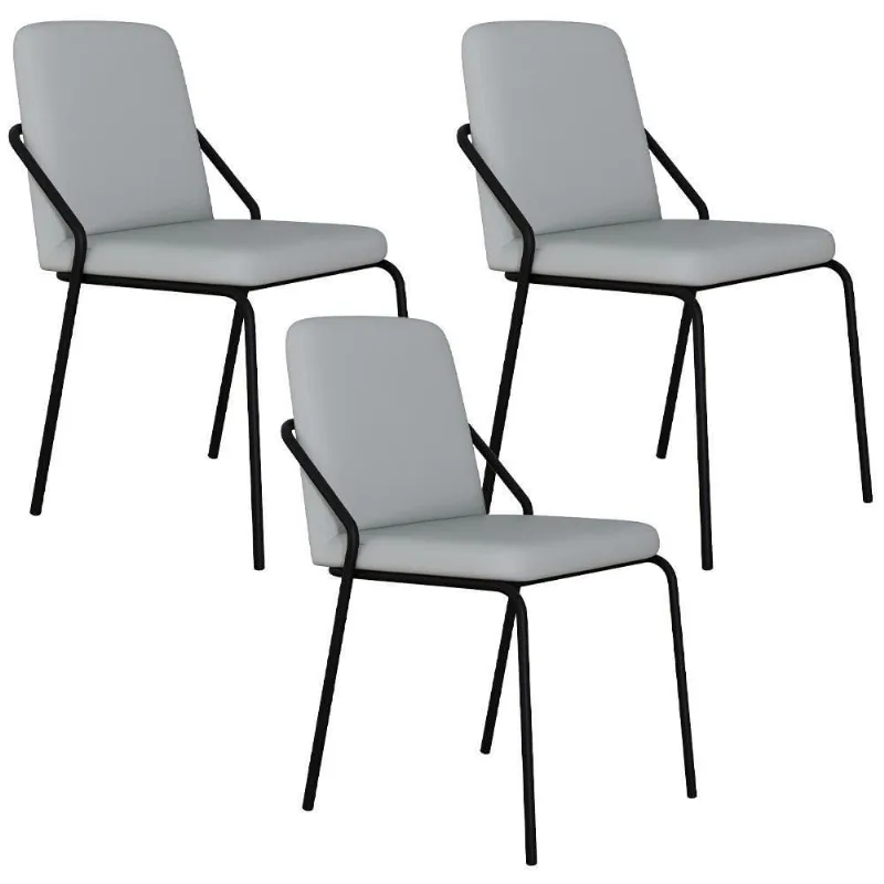Kit 03 Cadeiras Estofada Para Sala De Jantar Loft Preto C01 Courino Saturno Off White - Lyam Decor - Lyam Decor