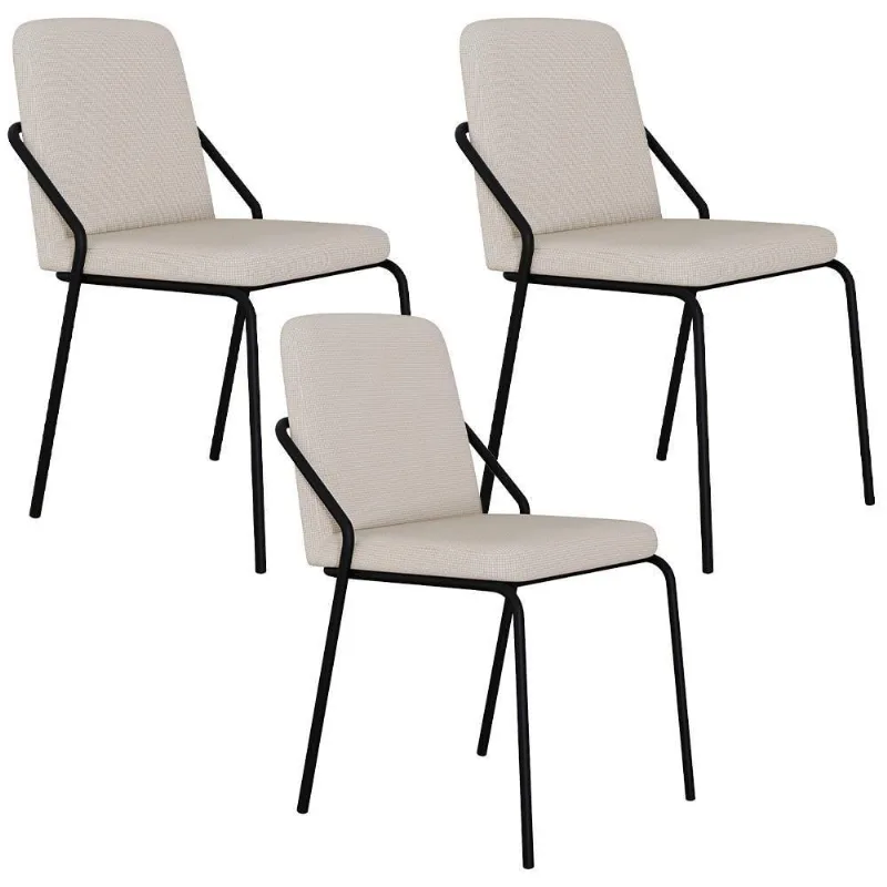 Kit 03 Cadeiras Estofada Para Sala De Jantar Loft Preto C01 Linho Areia - Lyam Decor - Lyam Decor