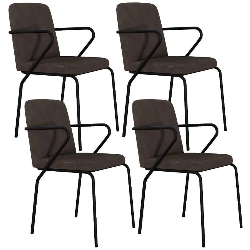 Kit 04 Cadeiras Estofada Para Sala De Jantar Com Braço Loft Preto C01 Bouclê Marrom - Lyam Decor - Lyam Decor