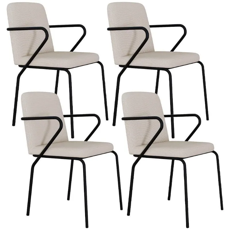 Kit 04 Cadeiras Estofada Para Sala De Jantar Com Braço Loft Preto C01 Linho Areia - Lyam Decor - Lyam Decor