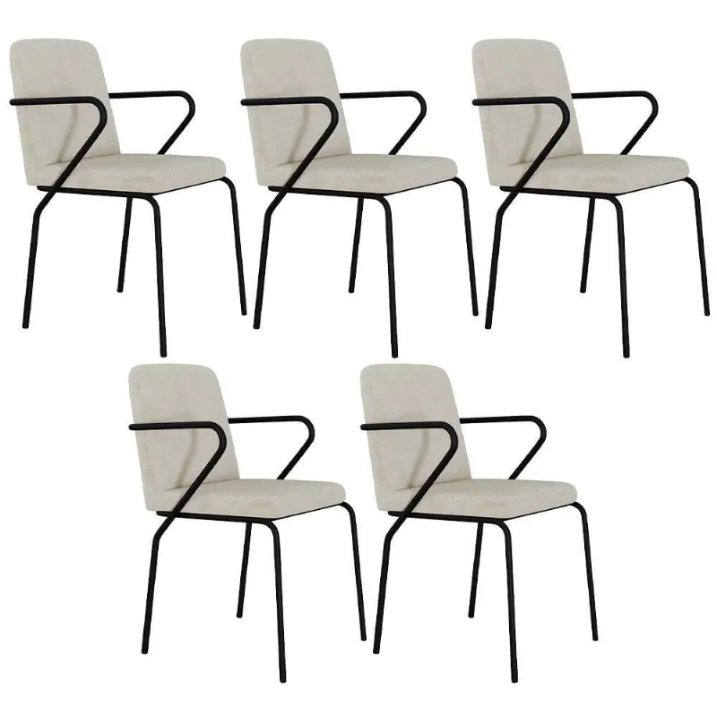 Kit 05 Cadeiras Estofada Para Sala De Jantar Com Braço Loft Preto C01 Bouclê Vanilla - Lyam Decor - Lyam Decor