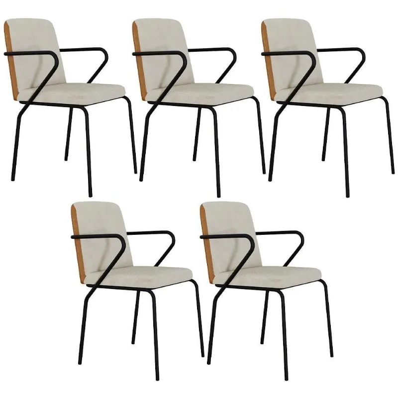 Kit 05 Cadeiras Estofada Sala Jantar Com Braço Loft Preto Bouclê Vanilla Courino Caramelo Lyam Decor - Lyam Decor