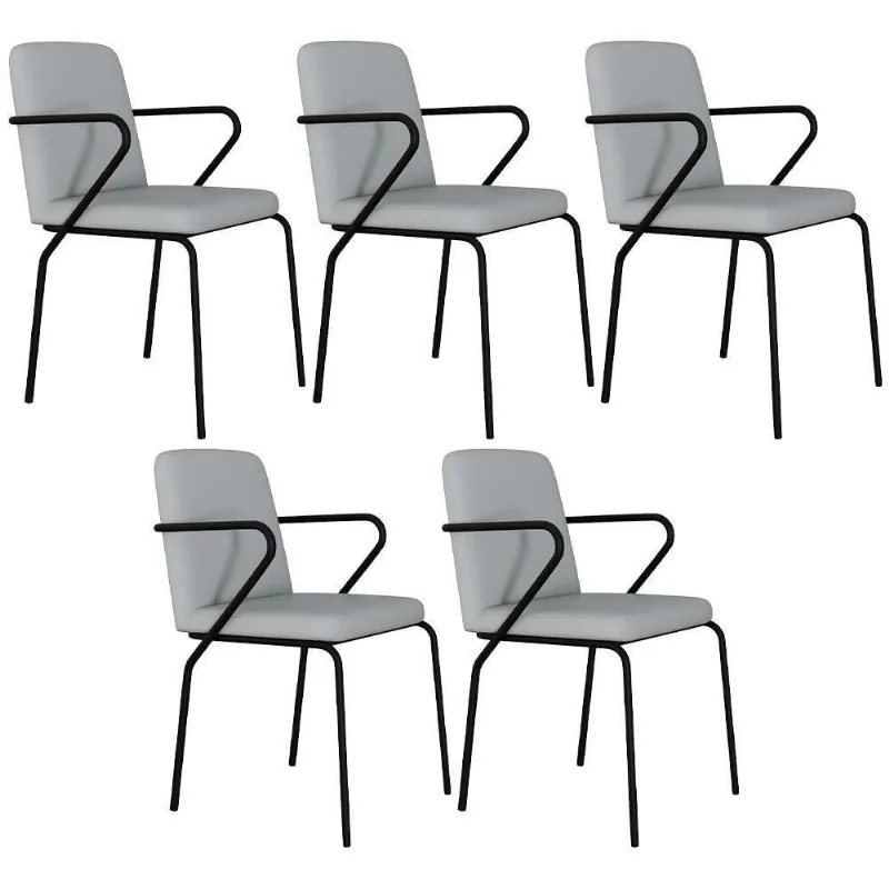 Kit 05 Cadeiras Estofada Sala Jantar Com Braço Loft Preto C01 Courino Saturno Off White Lyam Decor - Lyam Decor