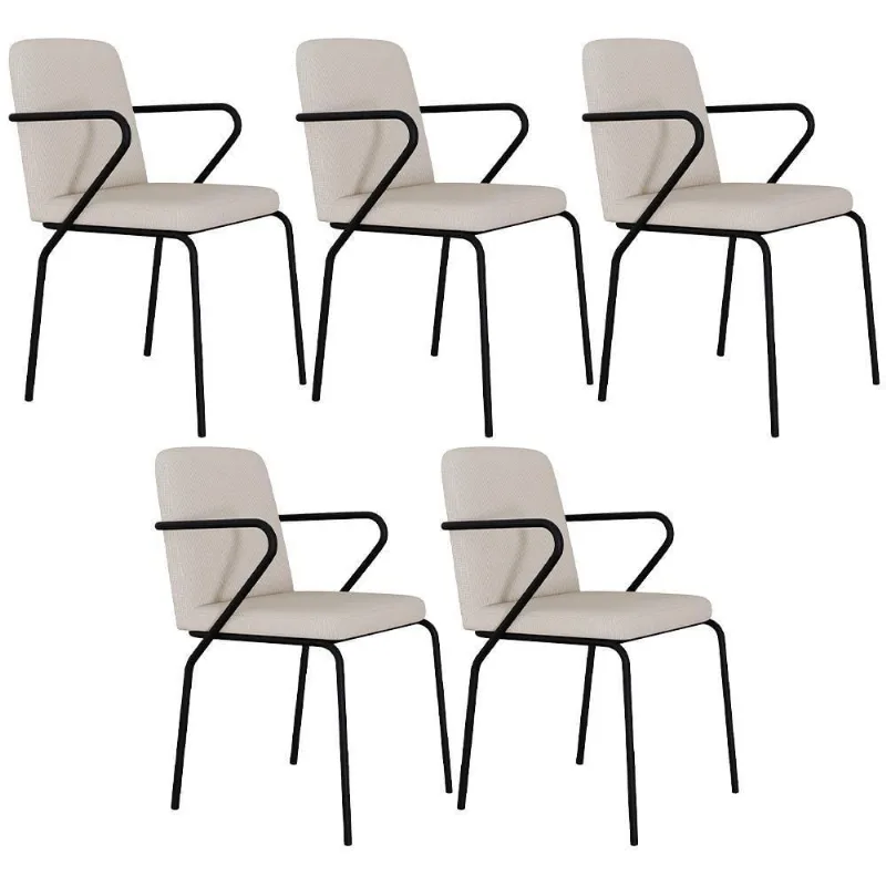 Kit 05 Cadeiras Estofada Para Sala De Jantar Com Braço Loft Preto C01 Linho Areia - Lyam Decor - Lyam Decor