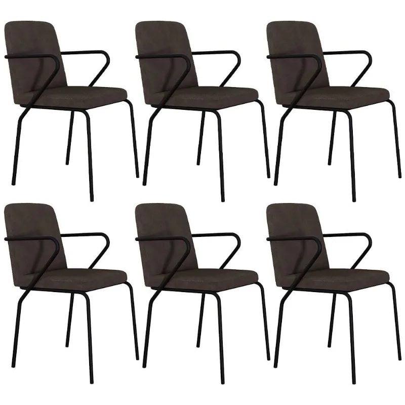 Kit 06 Cadeiras Estofada Para Sala de Jantar com Braço Loft Preto C01 Bouclê Marrom - Lyam Decor