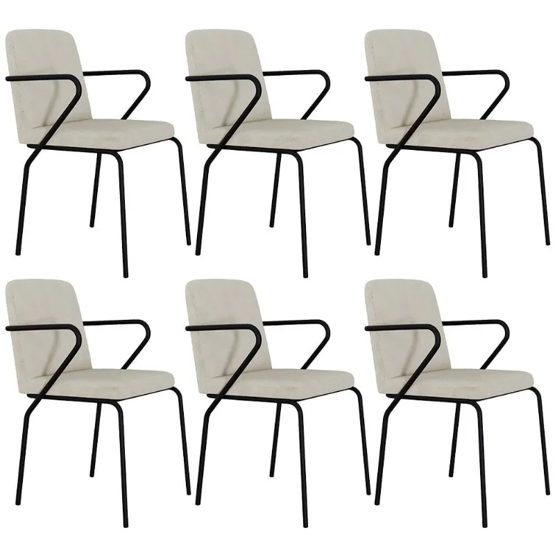 Kit 06 Cadeiras Estofada Para Sala de Jantar com Braço Loft Preto C01 Bouclê Vanilla - Lyam Decor
