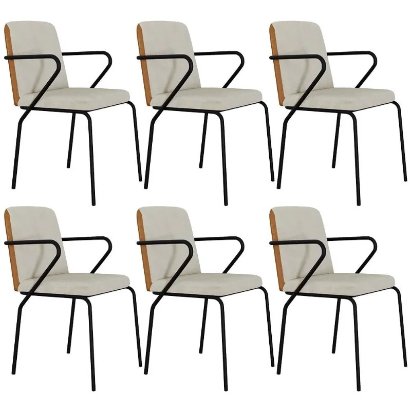 Kit 06 Cadeiras Estofada Para Sala de Jantar com Braço Loft Preto C01 Bouclê Vanilla Courino Caramelo - Lyam Decor