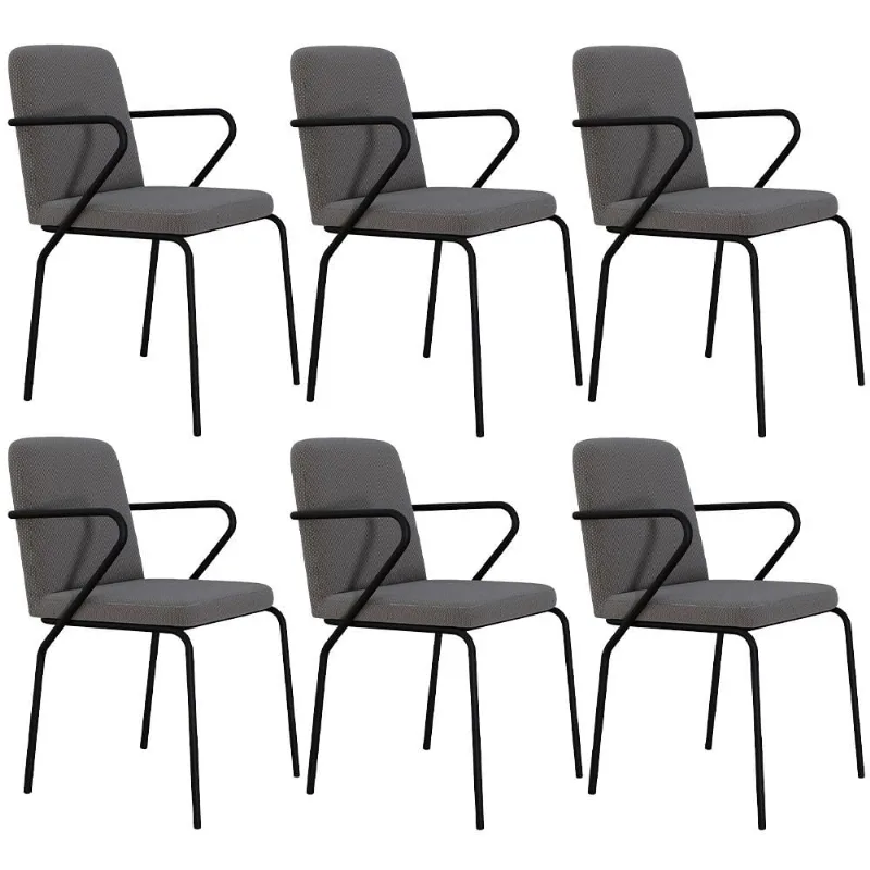 Kit 06 Cadeiras Estofada Para Sala de Jantar com Braço Loft Preto C01 Linho Fendi Cinza - Lyam Decor