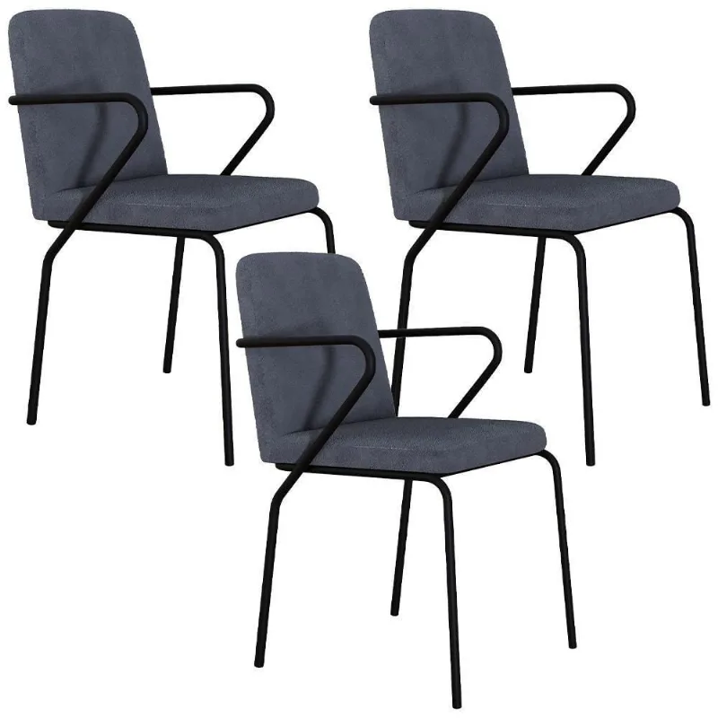 Kit 03 Cadeiras Estofada Para Sala De Jantar Com Braço Loft Preto C01 Bouclê Nuvem - Lyam Decor - Lyam Decor
