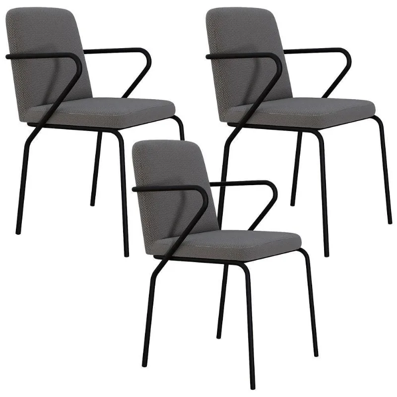 Kit 03 Cadeiras Estofada Para Sala De Jantar Com Braço Loft Preto C01 Linho Fendi Cinza - Lyam Decor - Lyam Decor
