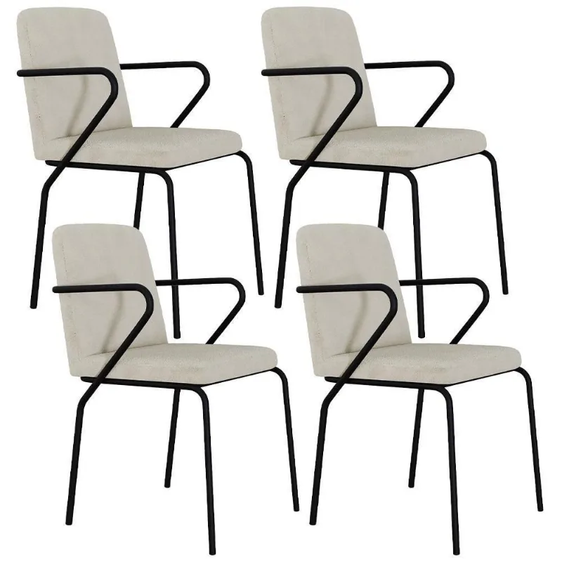 Kit 04 Cadeiras Estofada Para Sala De Jantar Com Braço Loft Preto C01 Bouclê Vanilla - Lyam Decor - Lyam Decor
