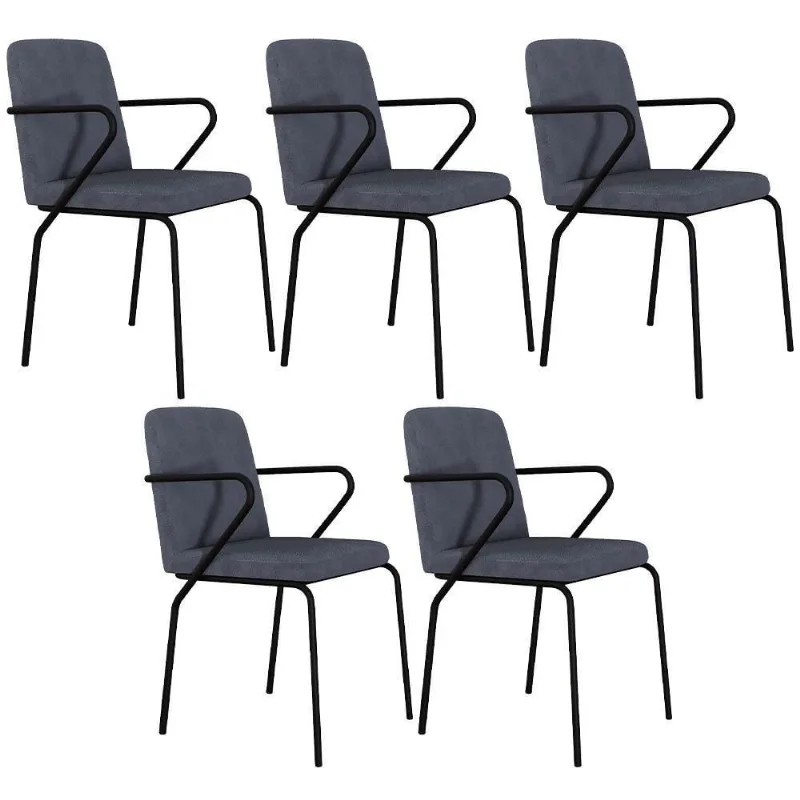 Kit 05 Cadeiras Estofada Para Sala De Jantar Com Braço Loft Preto C01 Bouclê Nuvem - Lyam Decor - Lyam Decor