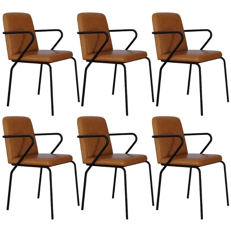 Kit 06 Cadeiras Estofada Para Sala de Jantar com Braço Loft Preto C01 Courino Caramelo - Lyam Decor
