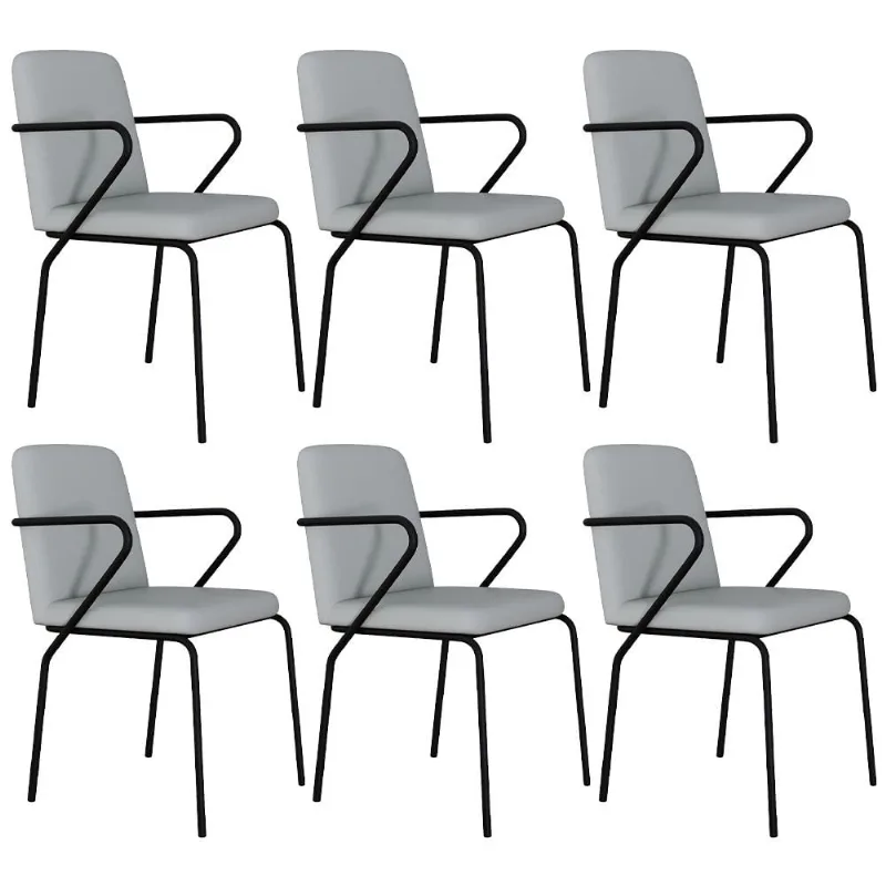 Kit 06 Cadeiras Estofada Para Sala de Jantar com Braço Loft Preto C01 Courino Saturno Off White - Lyam Decor