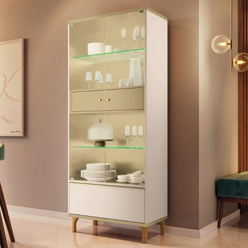 Cristaleira Para Sala de Jantar com LED 2 Portas Vidro Lúmen B01 Off White Champanhe - Lyam Decor - Lyam Decor