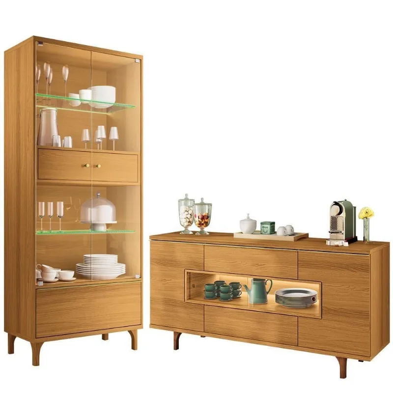 Kit Aparador Buffet e Cristaleira Lizzano Lúmen B01 8 Portas MDF MDP com Led Cinamomo Lyam Decor - Lyam Decor