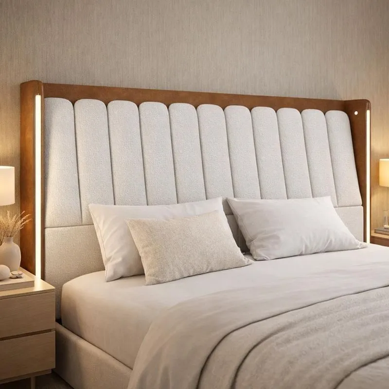Cabeceira King Moan P05 Estofada com Led Mdf Mdp Couríssimo Whisky Bouclê Cru Lyam Decor