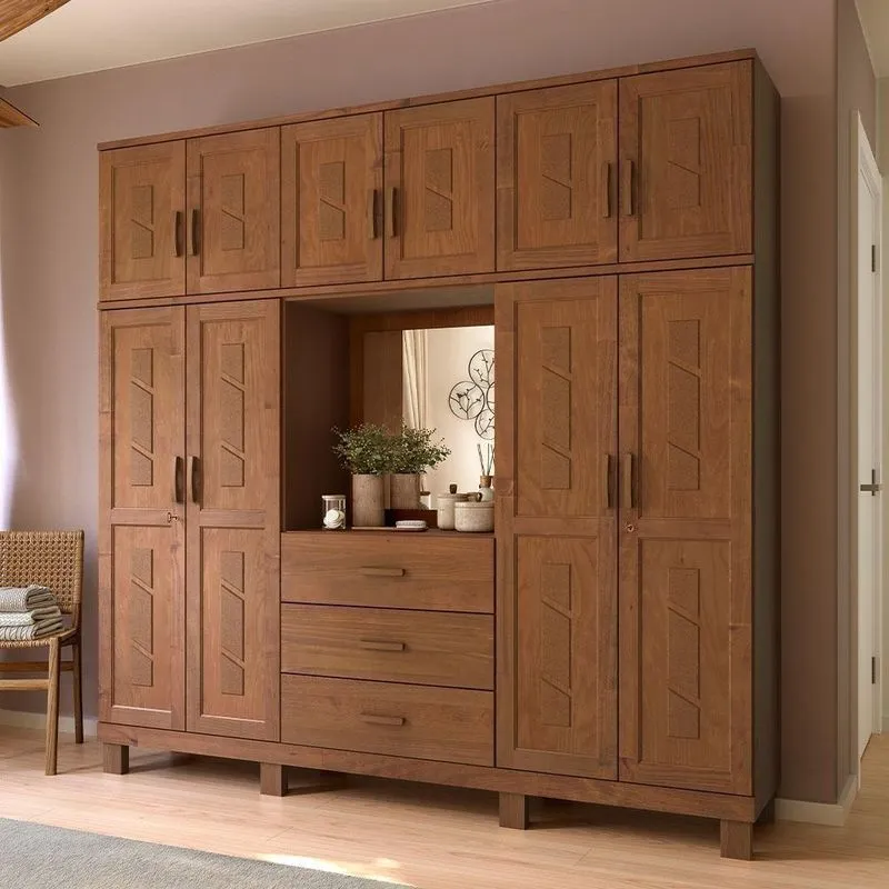 Guarda Roupa Casal Lorie F06 10 Portas De Bater 3 Gavetas Madeira Maciça Com Espelho Castanho Lyam