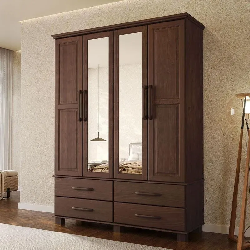 Guarda Roupa Solteiro Zahav F06 4 Portas De Bater 4 Gavetas Madeira Maciça Café Lyam Decor