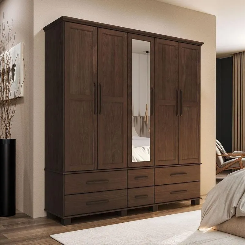 Guarda Roupa Casal Zahav F06 5 Portas De Bater 6 Gavetas Madeira Maciça Café Lyam Decor