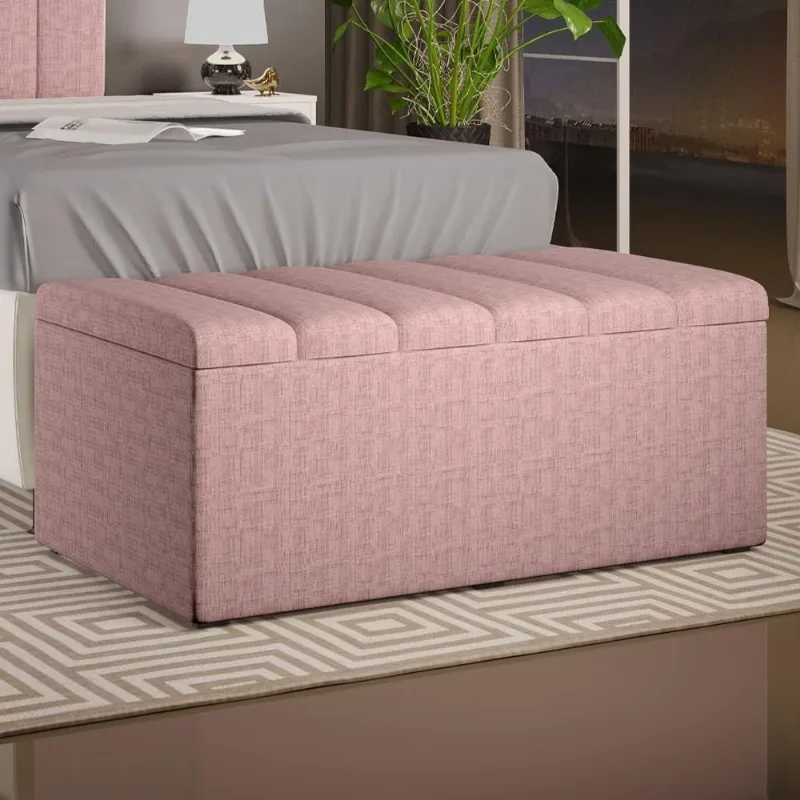 Calçadeira Recamier Baú Solteiro Dália W01 100cm Linho Rosa Estrutura Madeira Lyam Decor - Lyam Decor