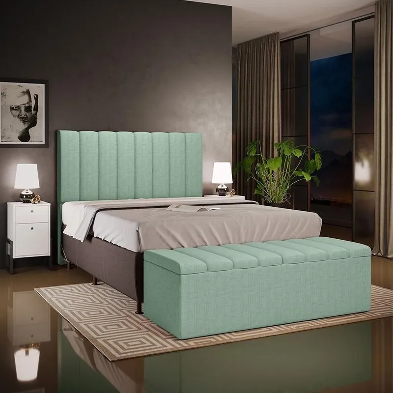 Kit Cabeceira Cama Box Queen Dália W01 Estofada em Linho Verde Menta Lyam Decor