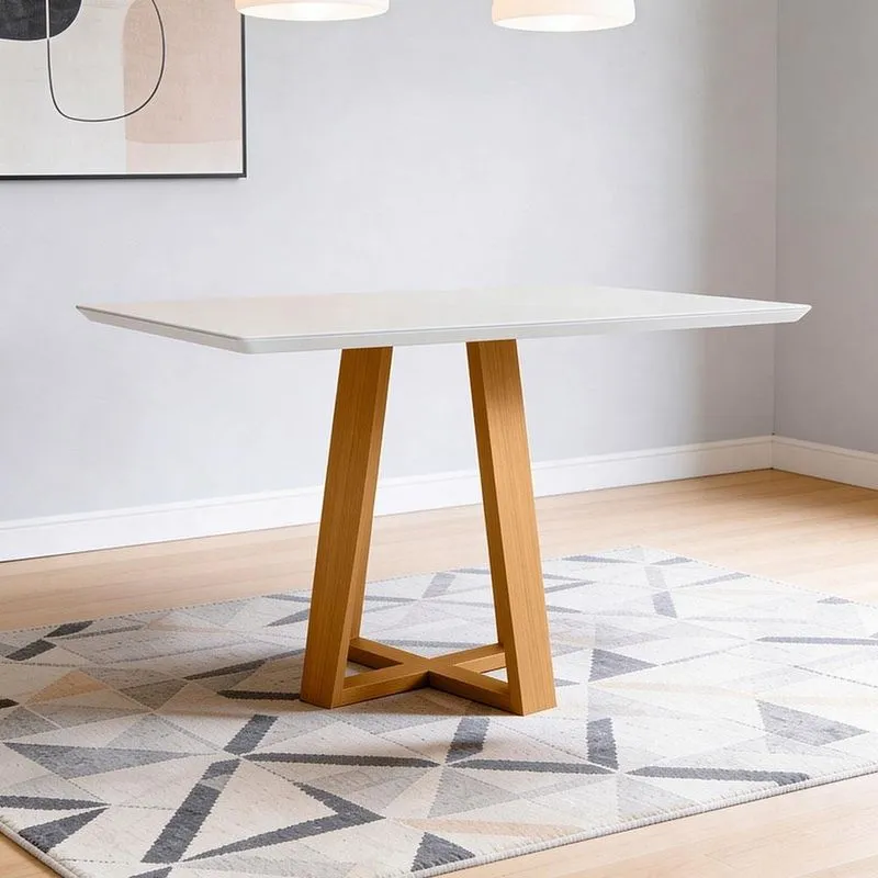 Mesa de Jantar 4 Lugares Retangular 135cm Tampo MDF Com Vidro Elian N01 Ypê Off White - Lyam Decor