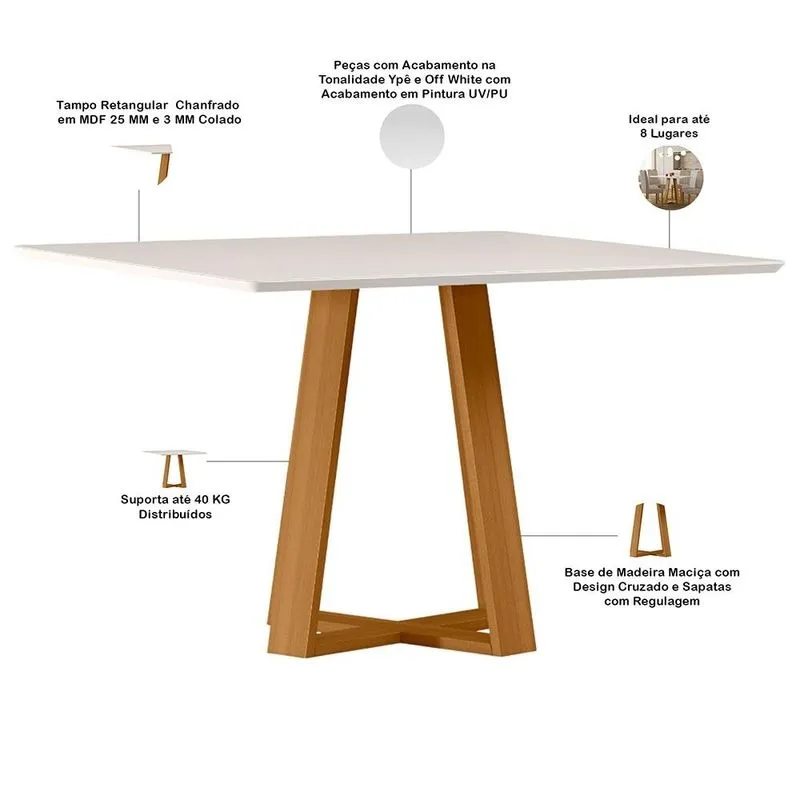 Mesa de Jantar 8 Lugares Quadrada 135cm Tampo MDF Com Vidro Elian N01 Ypê Off White - Lyam Decor