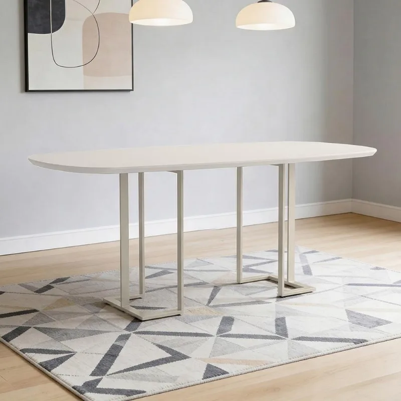 Mesa de Jantar 6 Lugares Retangular Orgânico Com Vidro 180cm Pés Industrial Alina N01 Off White Champanhe - Lyam Decor - Lyam Decor