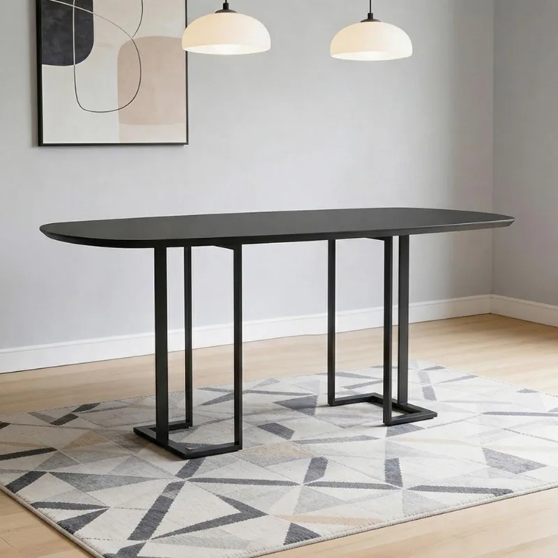Mesa de Jantar 6 Lugares Retangular Orgânico Com Vidro 180cm Pés Industrial Alina N01 Preto - Lyam Decor - Lyam Decor