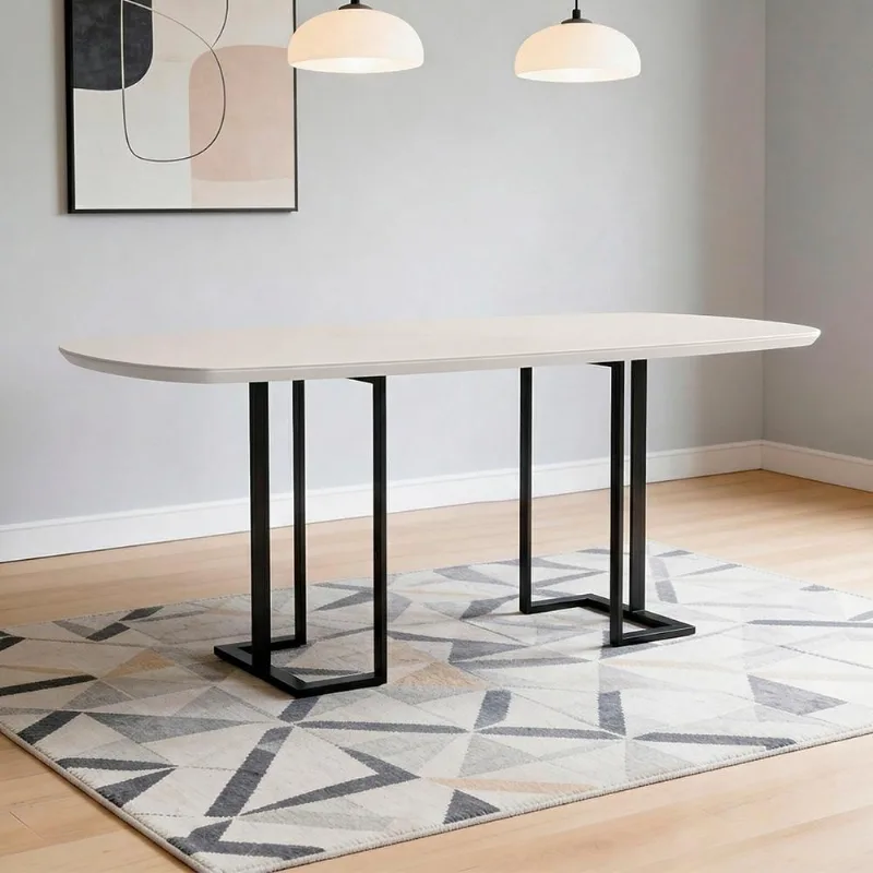 Mesa de Jantar 6 Lugares Retangular Orgânico Com Vidro 180cm Pés Industrial Alina N01 Off White Preto - Lyam Decor - Lyam Decor