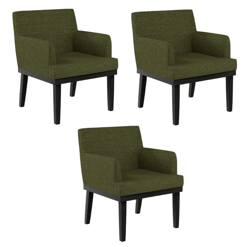 Kit 03 Poltronas Decorativas Para Sala De Estar Base Preto Beatriz W01 Linho Verde - Lyam Decor - Lyam Decor