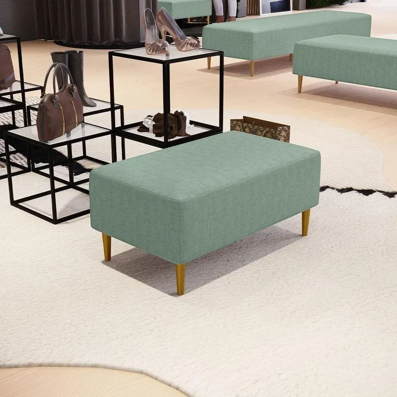Puff Cléo W01 Retangular Assento Espuma Linho Verde Menta Lyam Decor