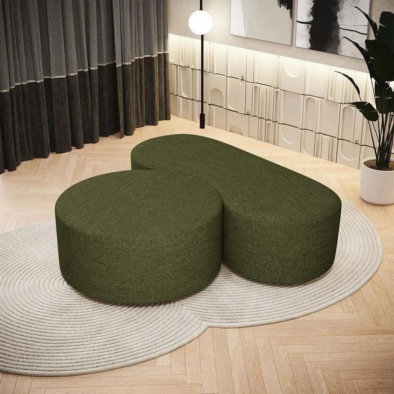 Kit Puff Redondo Lola E Puff Recamier Orgânico Orbit W01 Linho Verde Lyam Decor