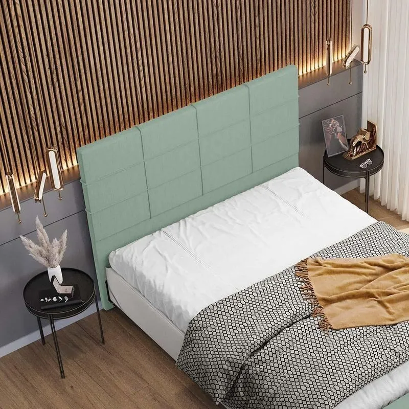 Cabeceira Cama Box Queen Roma W01 Madeira Maciça Estofada Linho Verde Menta Lyam Decor
