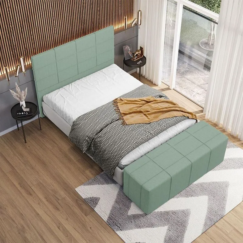Kit Cabeceira Com Calçadeira Roma W01 King Madeira Maciça Linho Verde Menta Lyam Decor