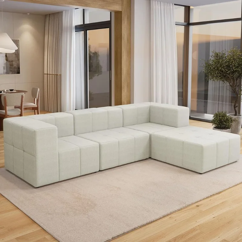 Sofá 4 Lugares Para Sala Living Modular Com Puff 264cm Lancaster F04 Linho Cru - Lyam Decor - Lyam Decor