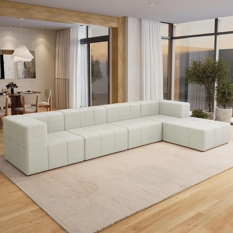 Sofá 4 Lugares Para Sala Living Modular Com Puff 352cm Lancaster F04 Linho Cru - Lyam Decor - Lyam Decor