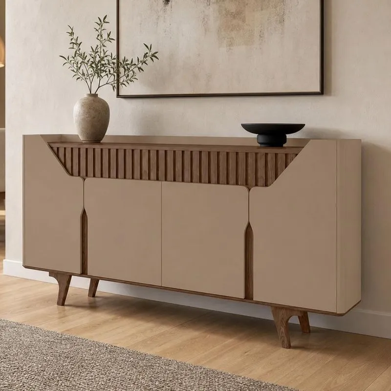 Aparador Buffet Volga 4 Lugares Tampo Em Mdf Gavetas Ripadas Fendi Carvalho 180cm Lyam Decor