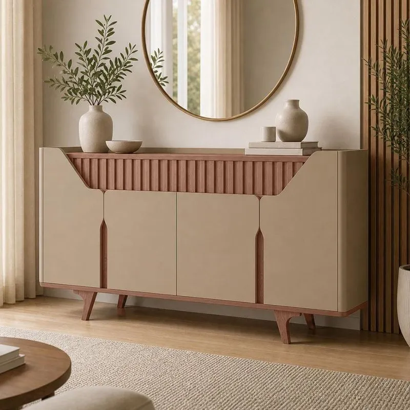 Aparador Buffet Volga 4 Portas 2 Gavetas Ripadas Tampo MDF Fendi Freijó 180cm Lyam Decor
