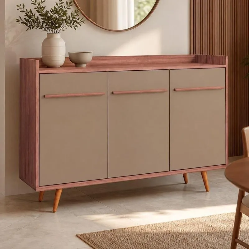 Aparador Buffet Moscou 3 Portas Tampo Mdp Pés Palito Freijó Fendi 135cm Lyam Decor