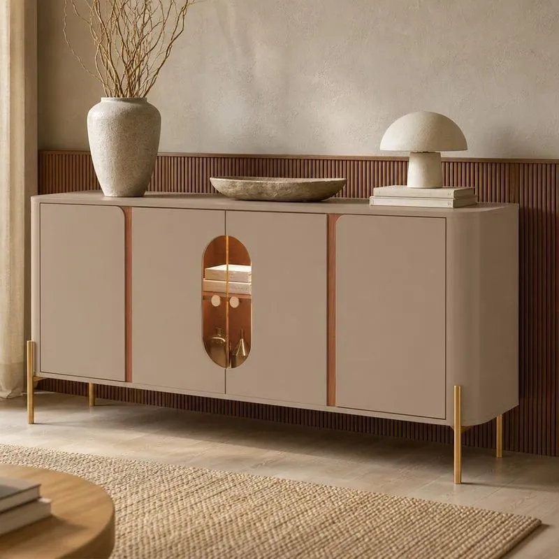 Aparador Buffet Bessa B02 4 Portas 3 Prateleiras Mdp Com Iluminação Led Fendi Freijó Lyam Decor