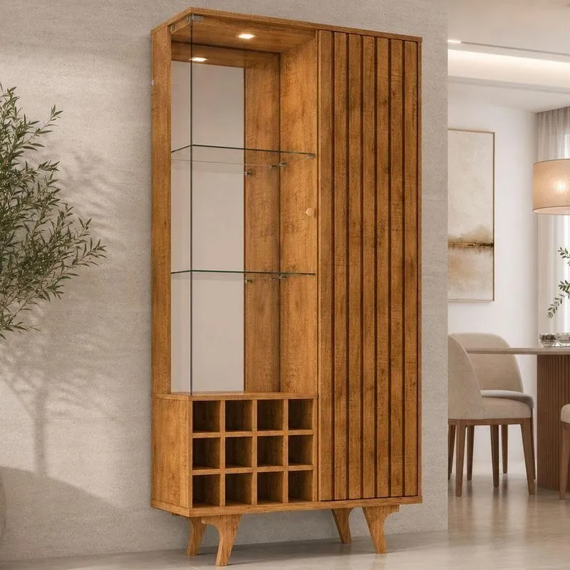 Cristaleira Toscânia 2 Portas 5 Prateleiras MDP com Iluminação LED Marrom Lyam Decor