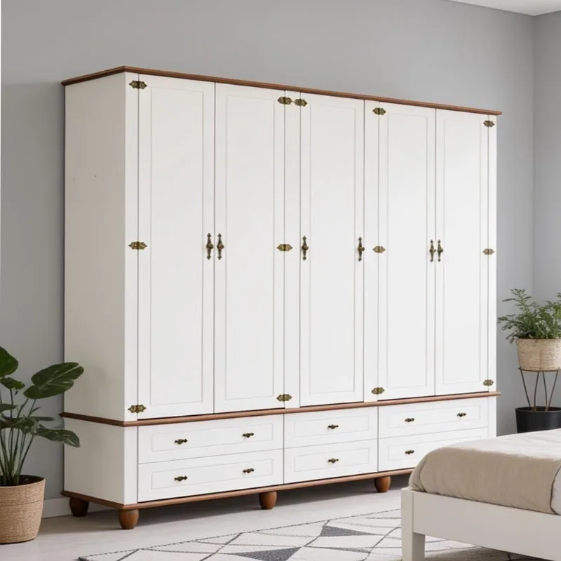 Guarda Roupa Casal Alegra S05 5 Portas 6 Gavetas MDF Off White Nogueira Lyam Decor 241CM