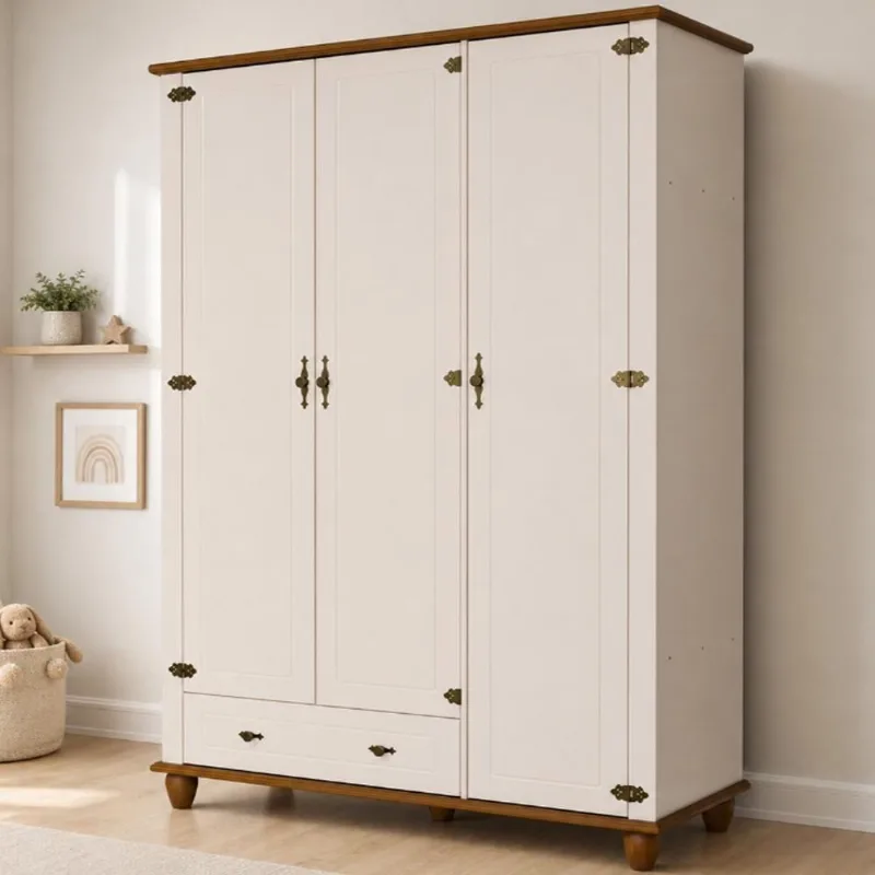 Guarda Roupa Solteiro Alegra 3 Portas de Bater 1 Gaveta MDF-MDP Off White Nogueira Lyam Decor 141CM