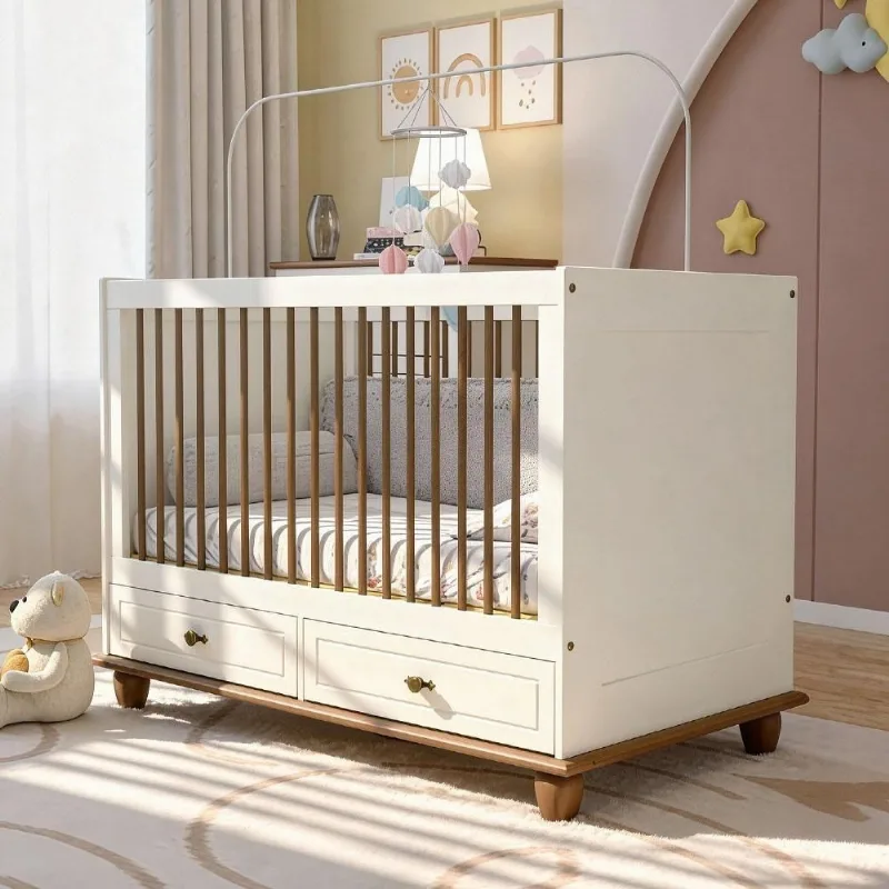 Berço Americano Mini Cama com 2 Gavetas Alegra S05 MDF Off White Nogueira Lyam Decor - Lyam Decor