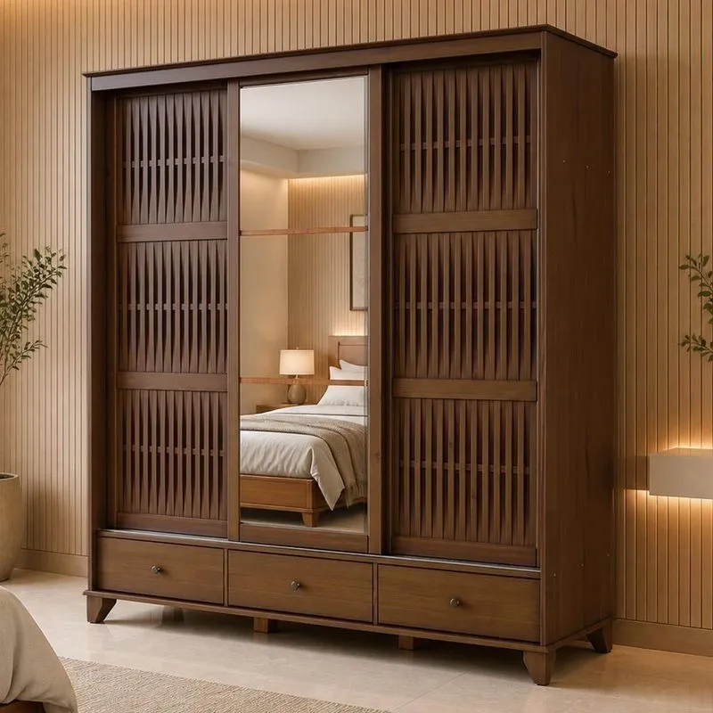 Guarda Roupa Casal Aton S05 3 Portas Correr 3 Gavetas Madeira Maciça Ipê Lyam Decor