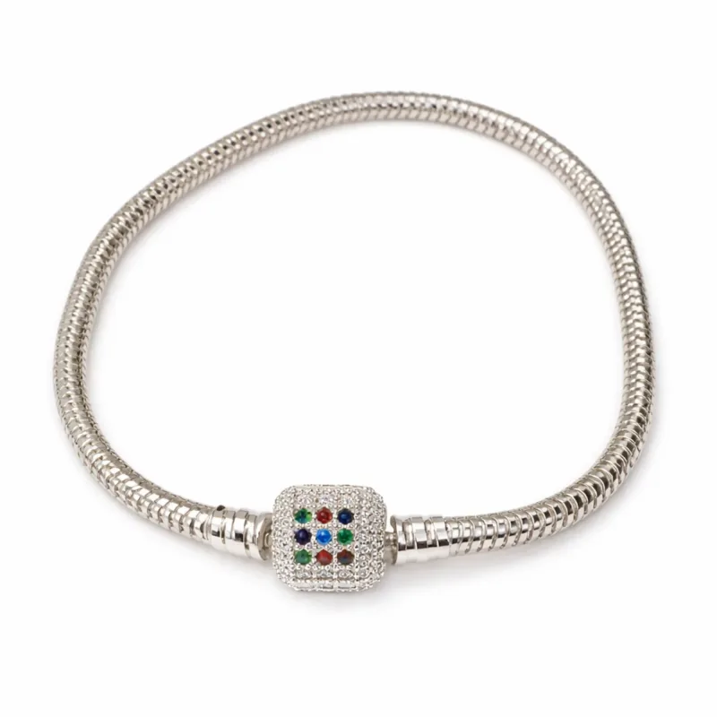 Pulseira Berloque Fecho Cravejado Colors Banhada a Prata Com 17cm
