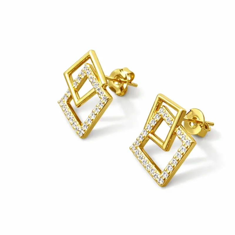 Brinco Quadrado Liso e Cravejado Alta Joalheria Banhado a Ouro 18k